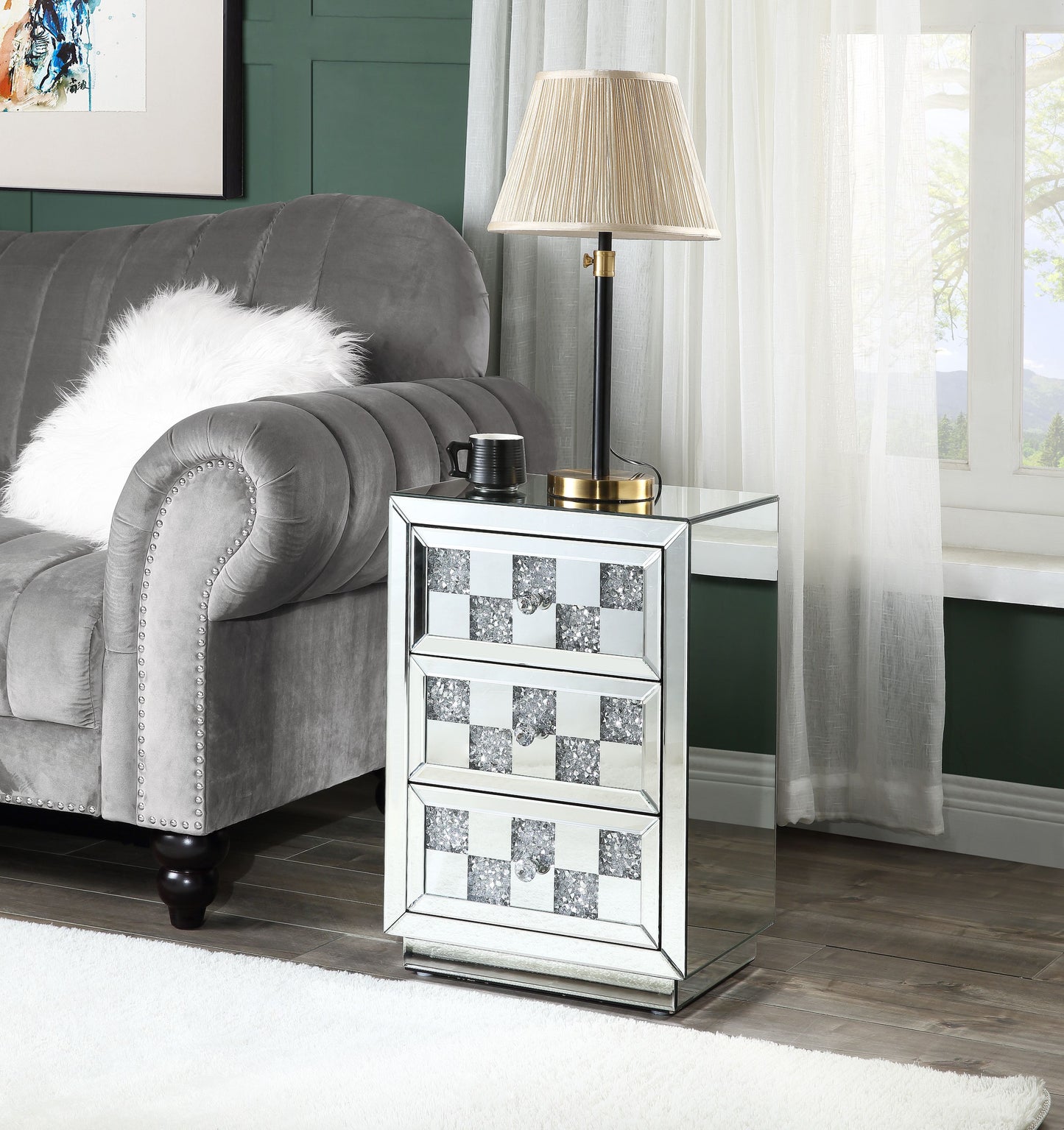 Mirrored bedside table with crystal inlay drawers and silver knobs glamorous accent furniture