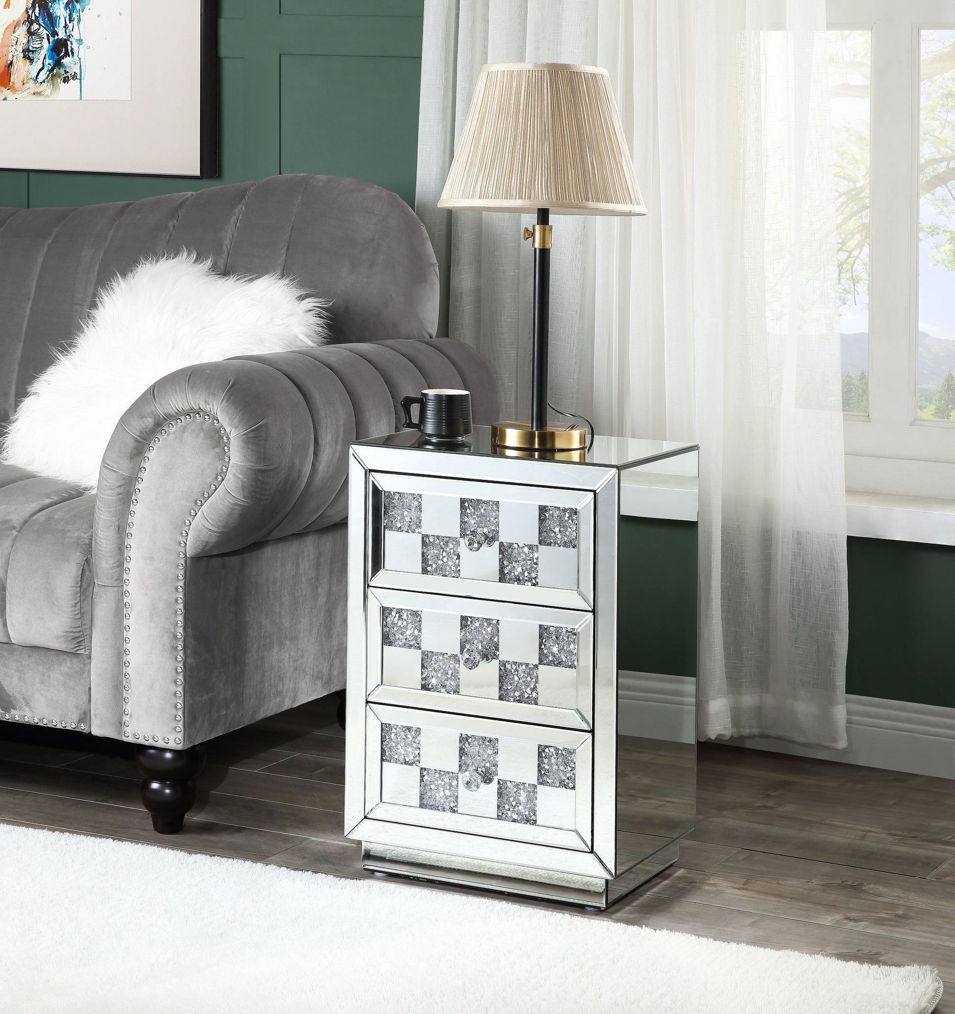 Mirrored bedside table with crystal inlay drawers and silver knobs glamorous accent furniture