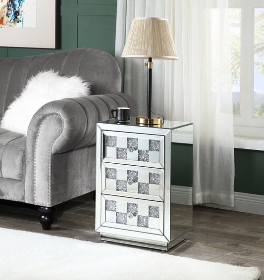 Mirrored bedside table with crystal inlay drawers and silver knobs glamorous accent furniture