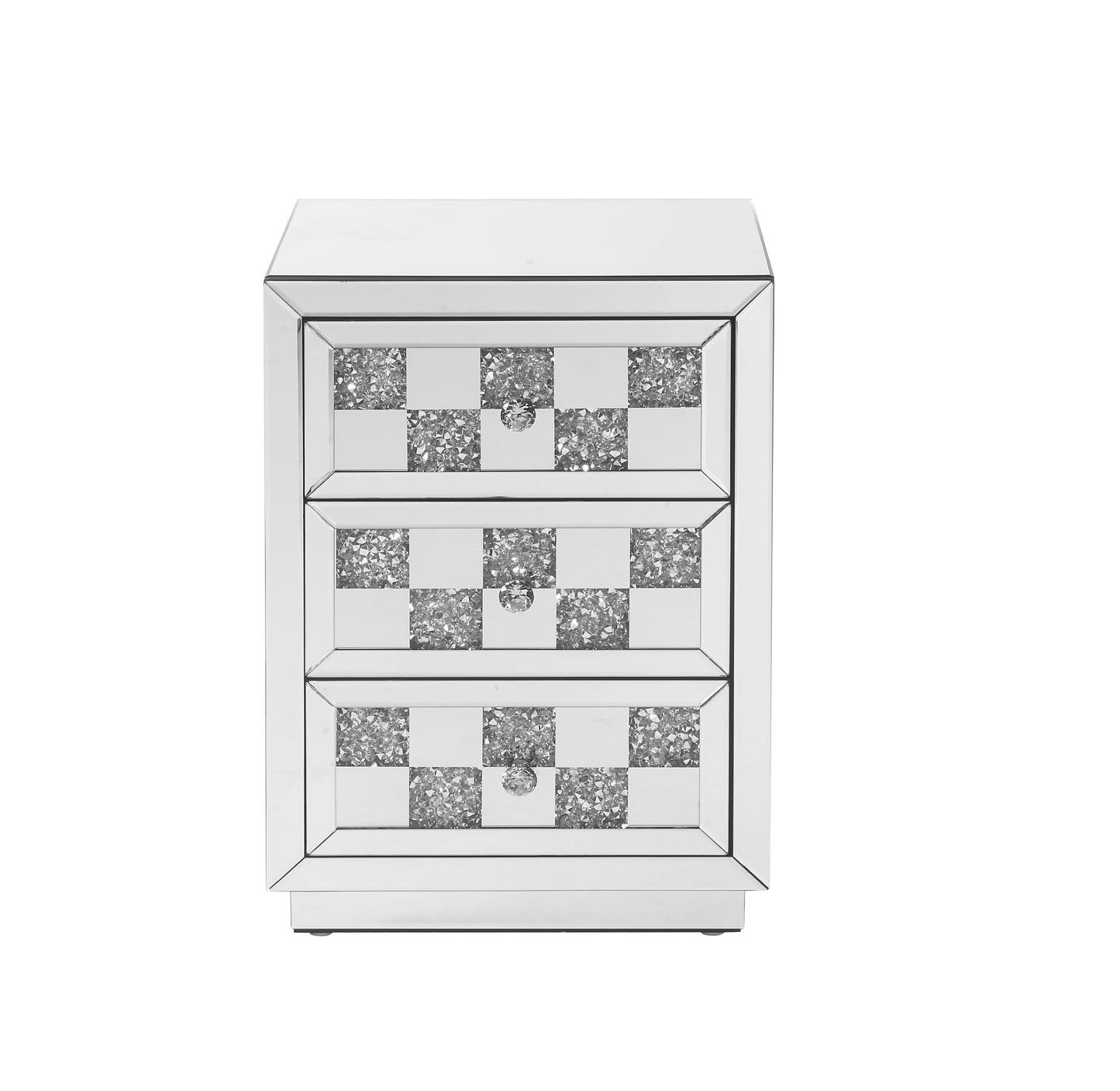 Threedrawer mirrored nightstand with crystal inlay detail and silver knob