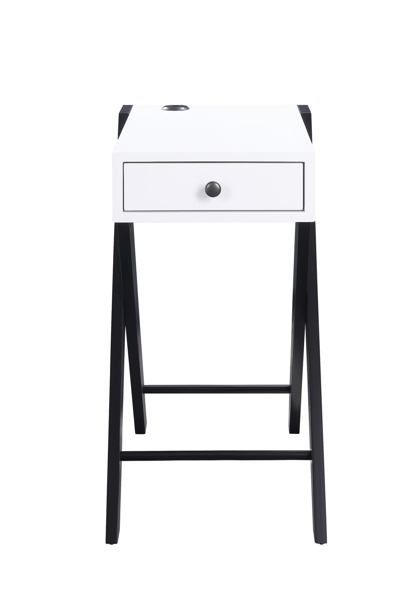 Modern white writing desk with a single drawer and black metal frame legs
