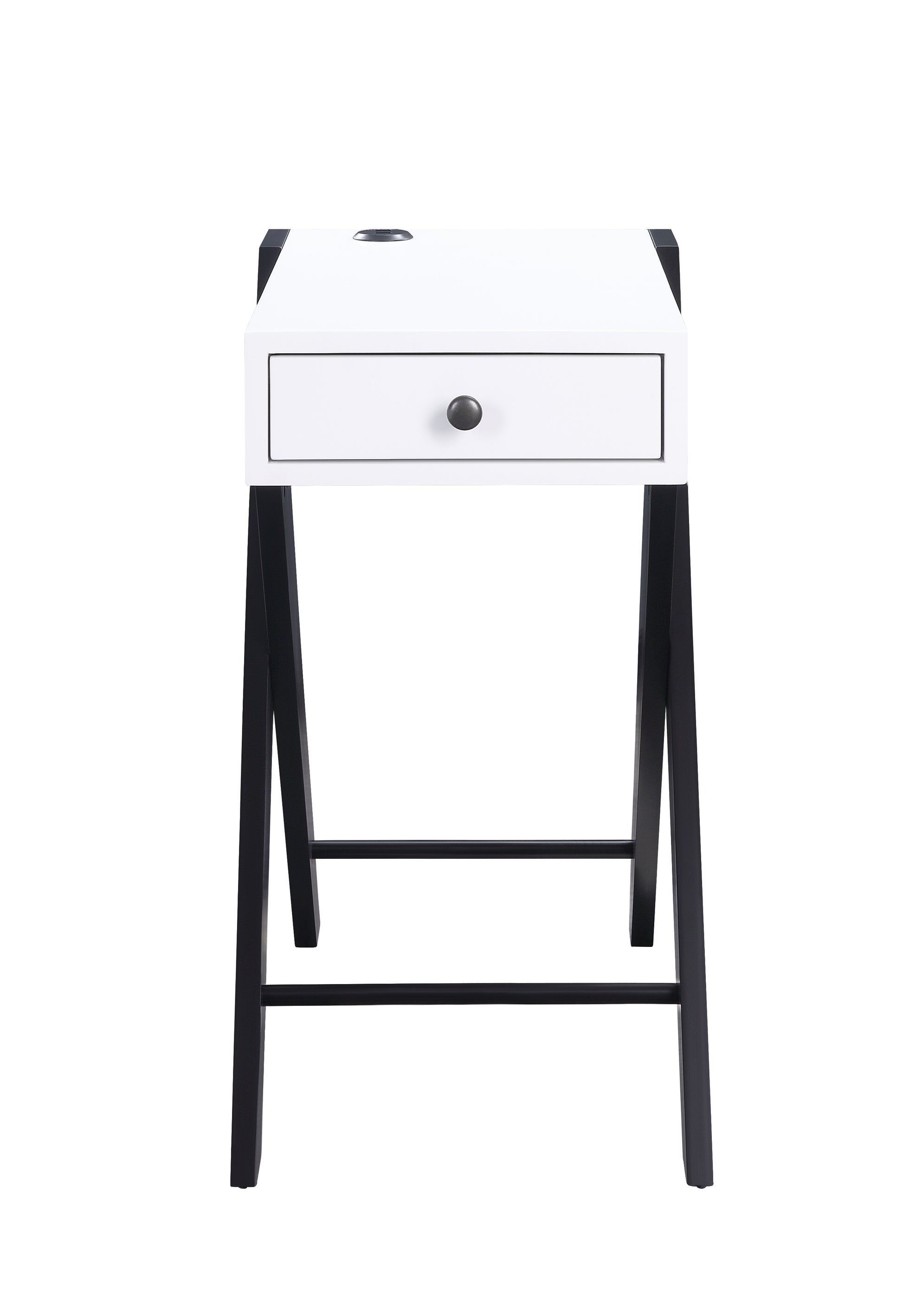 Modern white writing desk with a single drawer and black metal frame legs