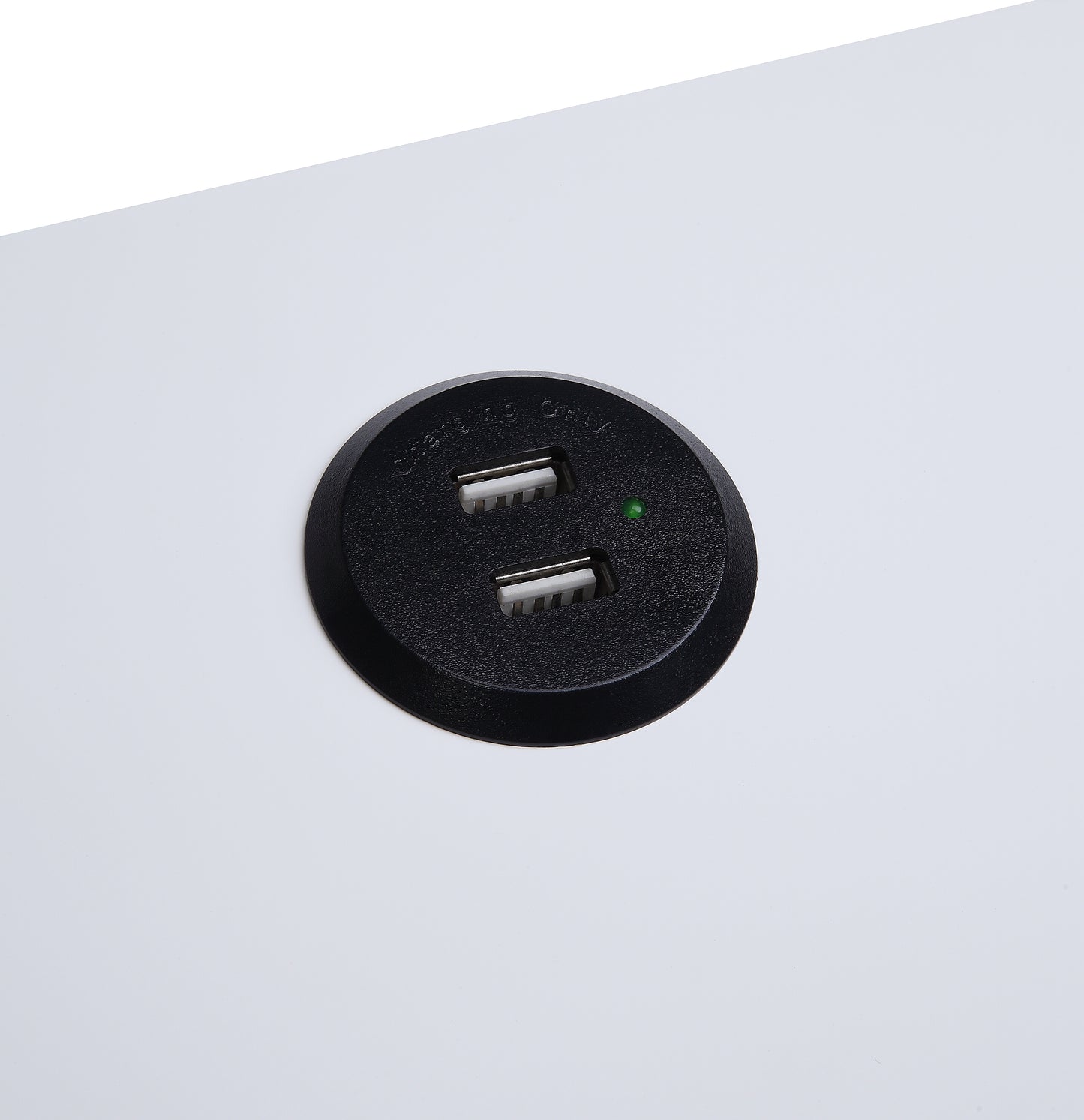 Black flush mount double USB charger with green indicator light and textured finish
