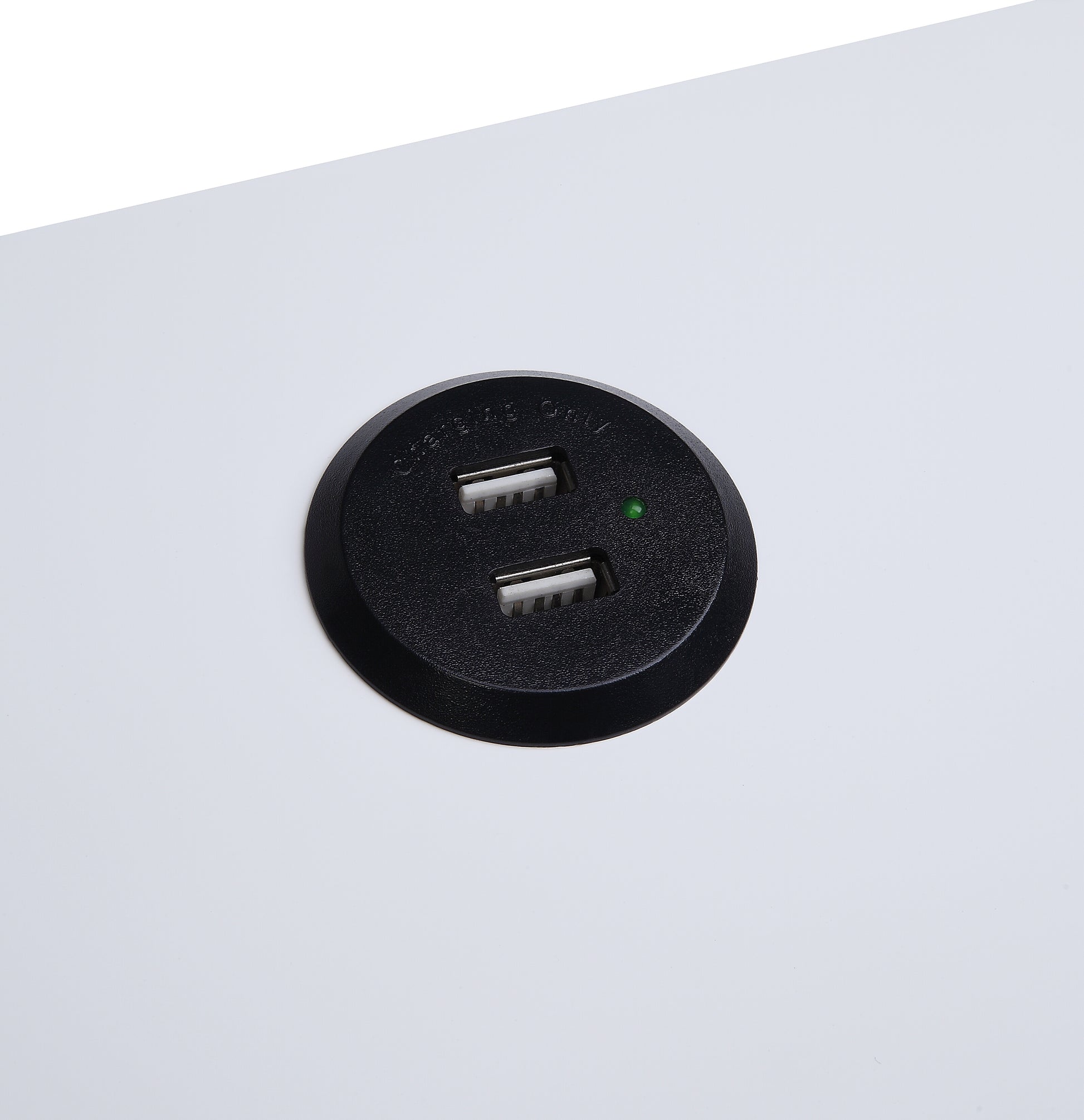 Black flush mount double USB charger with green indicator light and textured finish