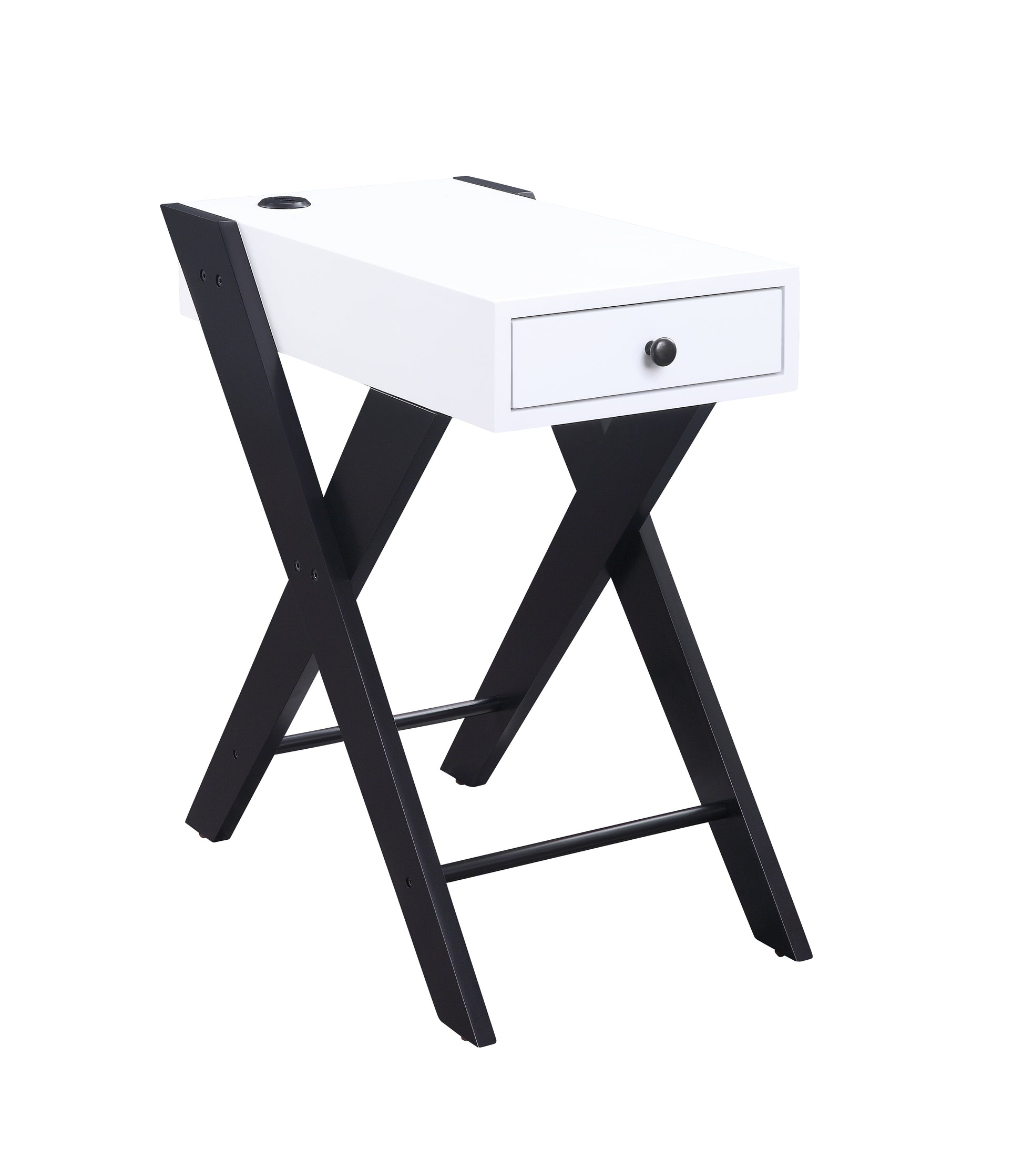 Modern white desk with a black Xframe featuring a single drawer and top cable management