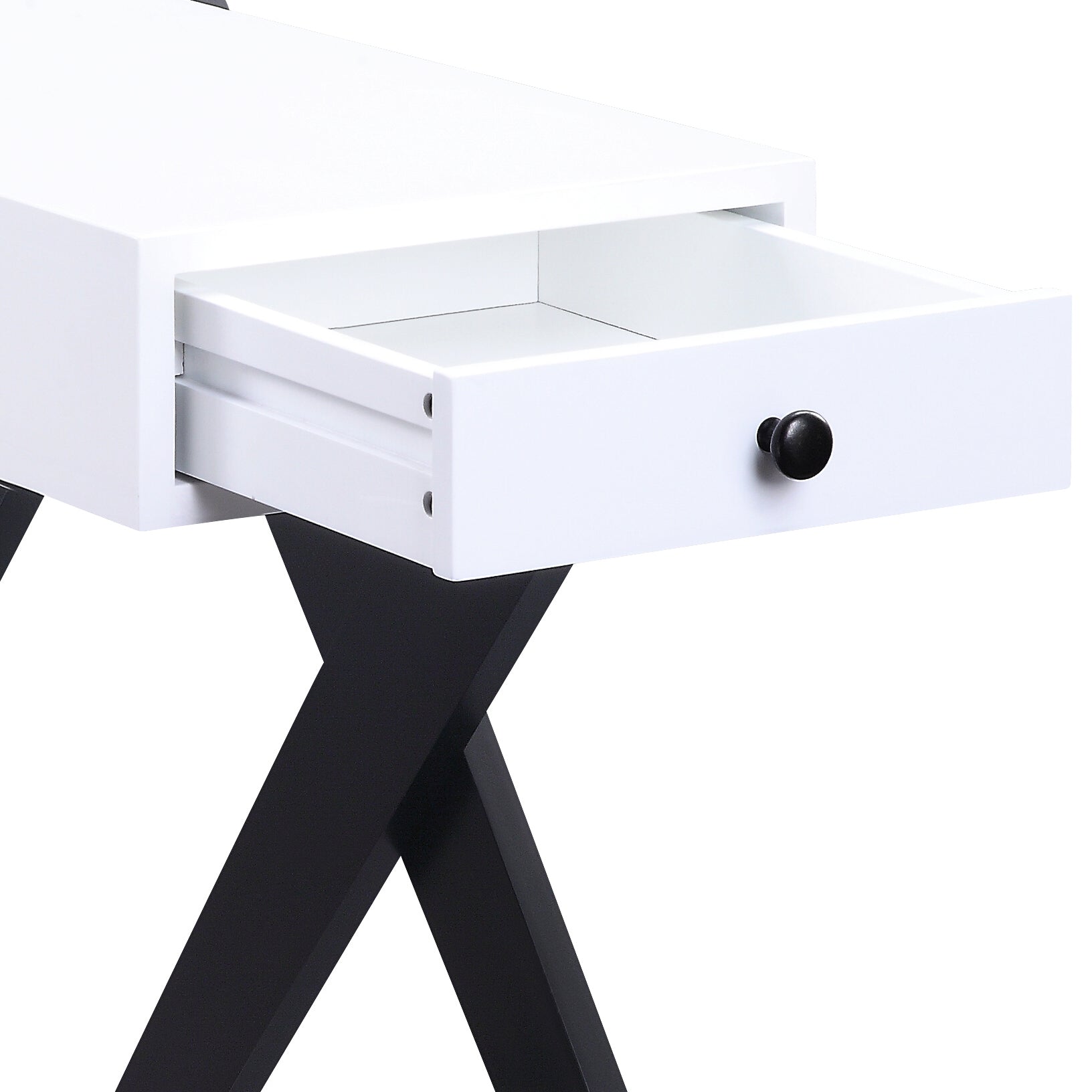 White modern desk with open drawer and black Xleg base