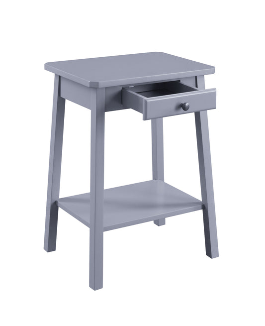 Grey wooden end table with one drawer and open shelf ideal for living rooms