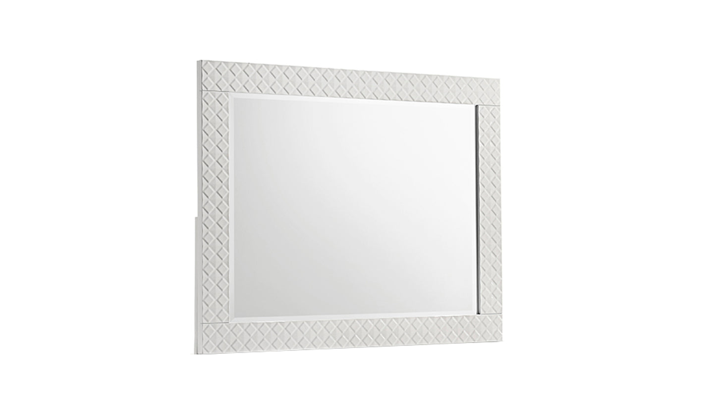 Decorative white wall mirror with a textured geometric frame perfect for entryway decor