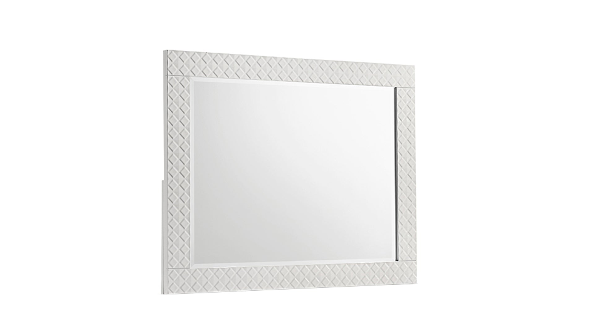 Decorative white wall mirror with a textured geometric frame perfect for entryway decor
