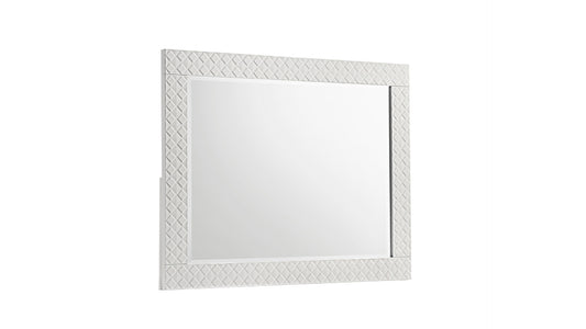 Decorative white wall mirror with a textured geometric frame perfect for entryway decor