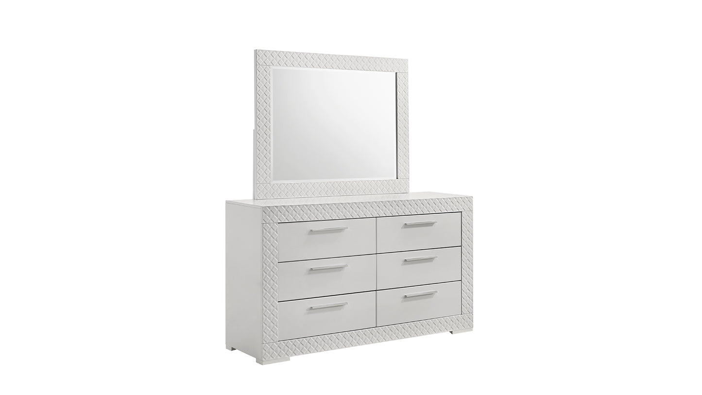 White dresser with diamondpatterned mirror and silver drawer pulls