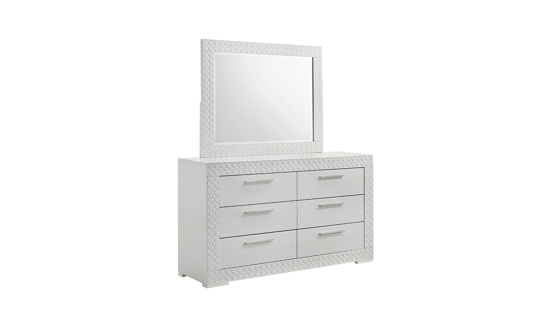 White dresser with diamondpatterned mirror and silver drawer pulls