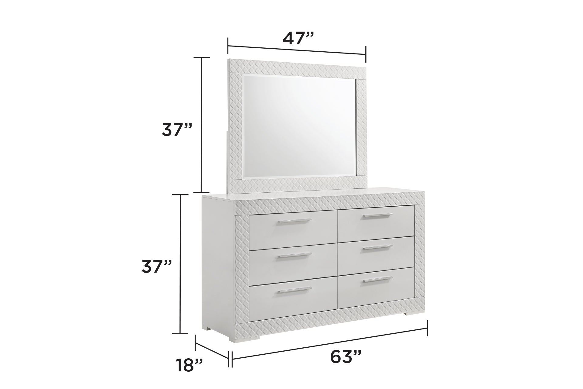 White dresser with six drawers and a decorative framed mirror  W