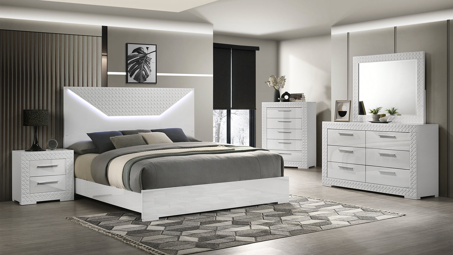 Modern white gloss bed frame with integrated LED headboard lighting and quilted texture