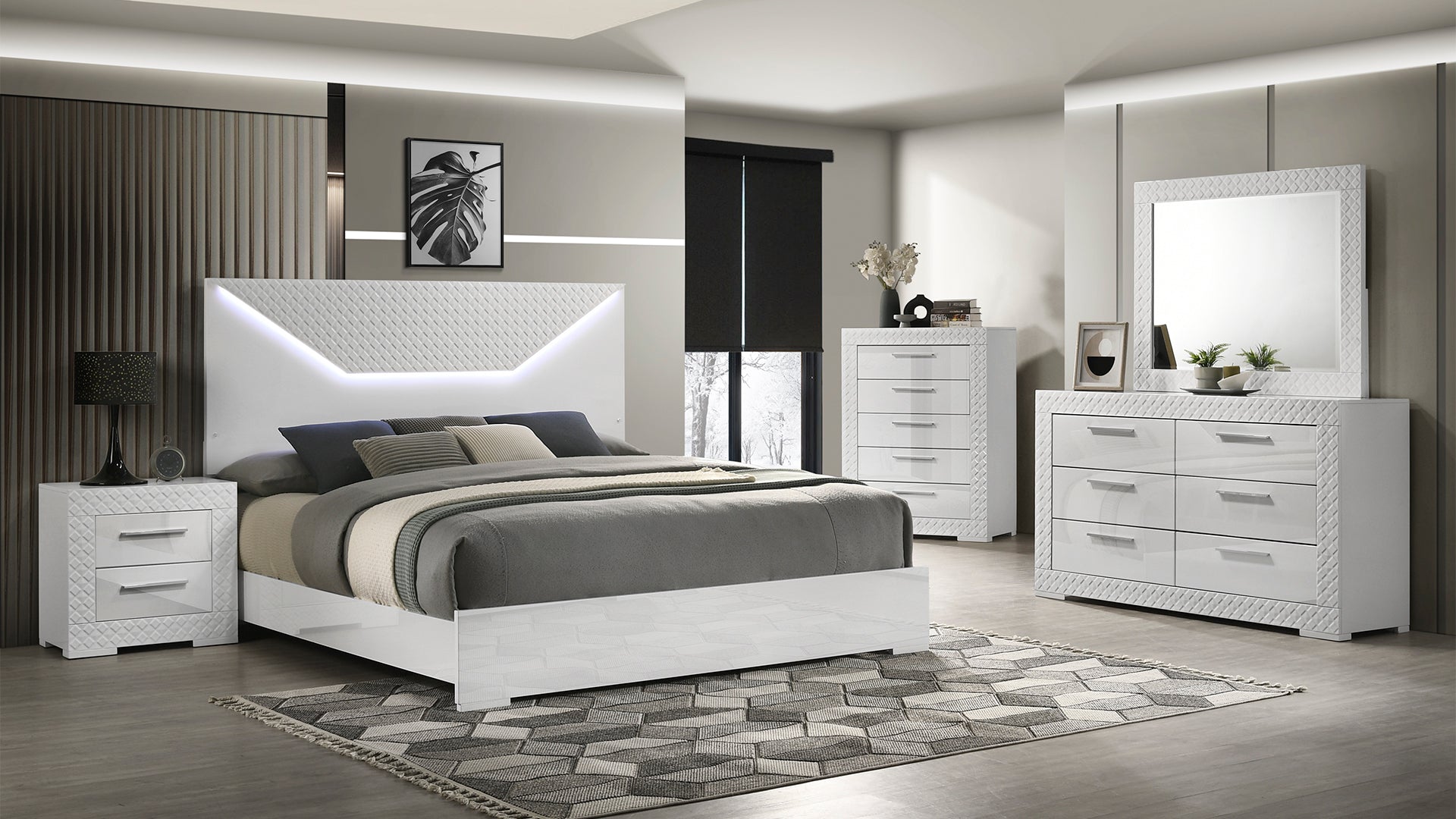 Modern white gloss bed frame with integrated LED headboard lighting and quilted texture