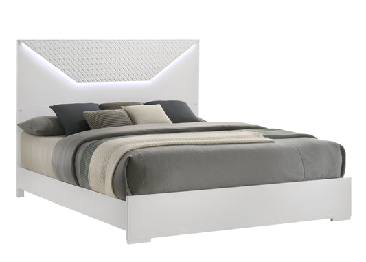 Modern white platform bed with LED headboard and textured panel detail