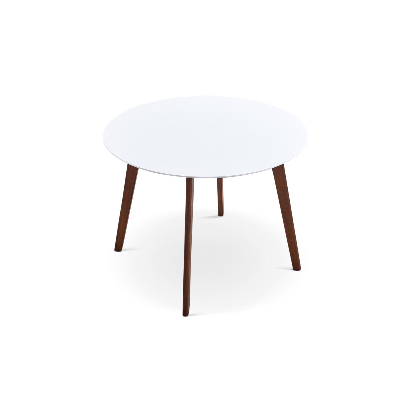 Round white modern coffee table with tapered wooden legs