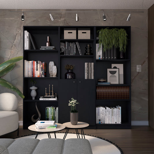 Black modern bookshelf filled with books and decor
