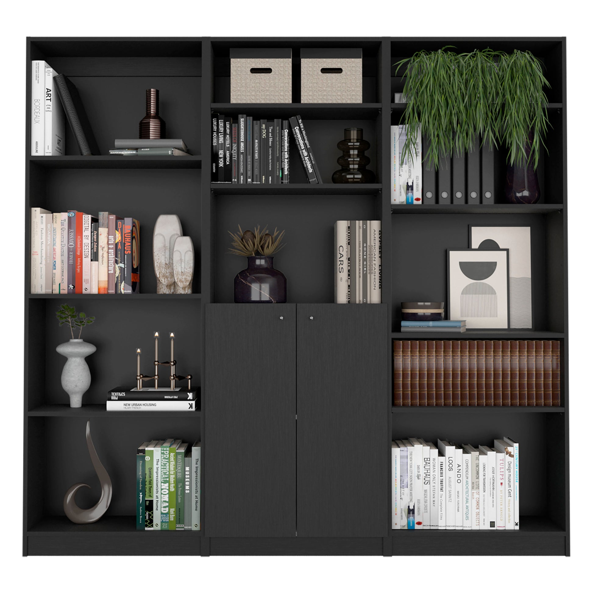 Black modern bookshelf with contemporary art books and decor