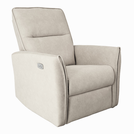 Light beige fabric power recliner with sleek chrome controls on the armrest for effortless relaxation