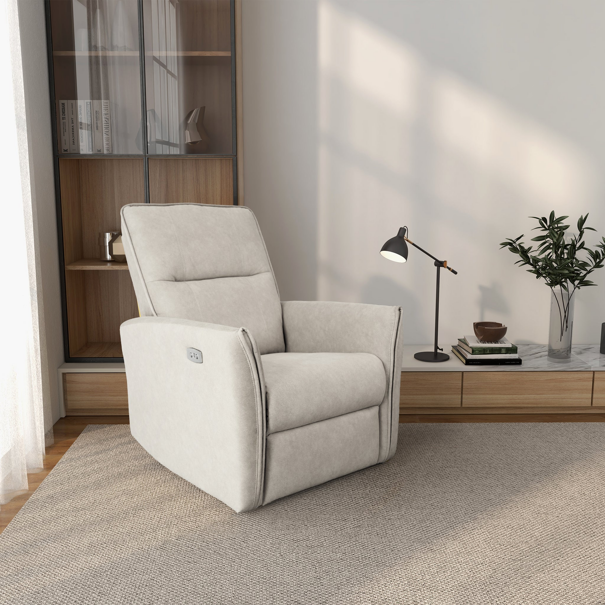 Modern beige fabric recliner with power controls perfect for living rooms