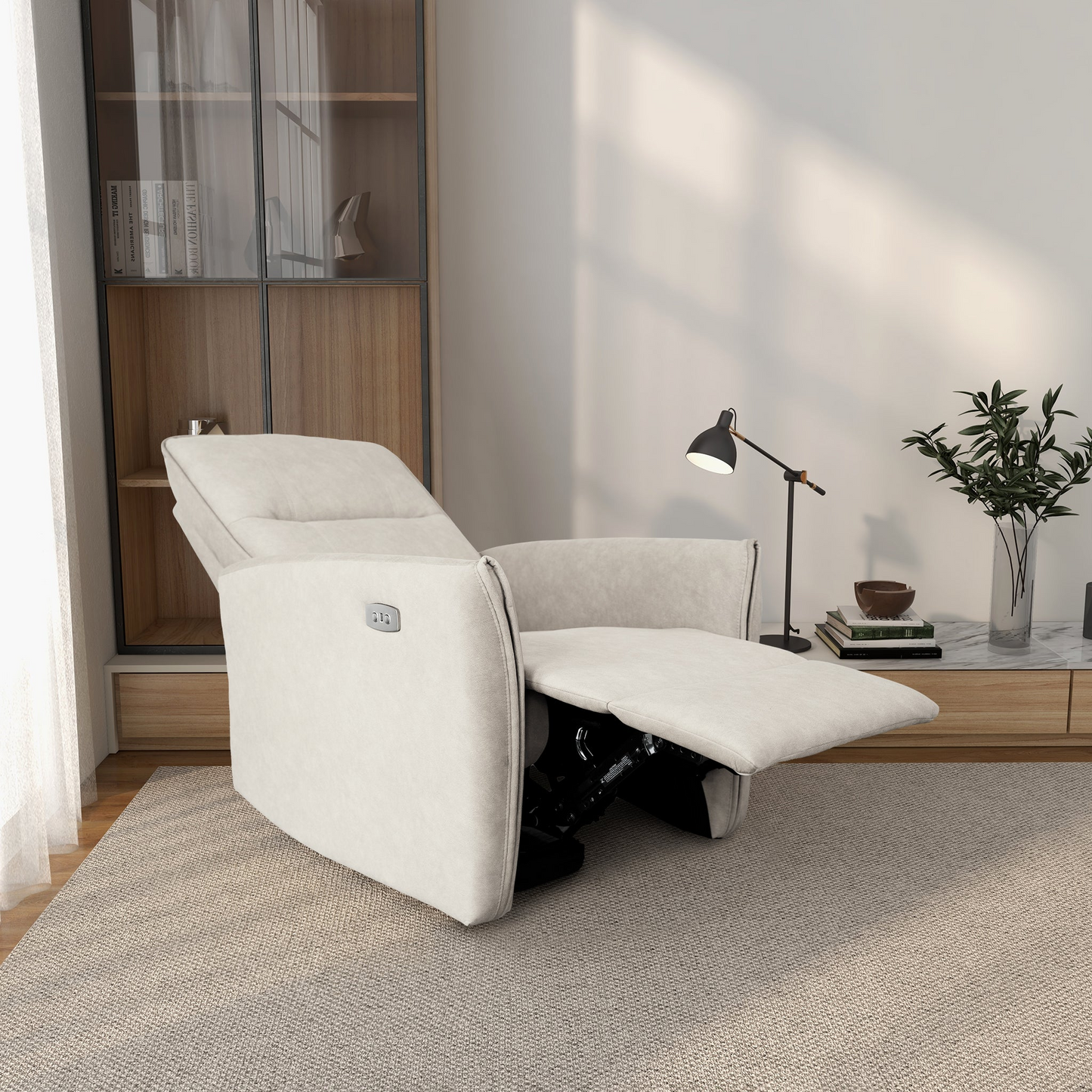 Cream fabric electric recliner chair with footrest extended for ultimate comfort
