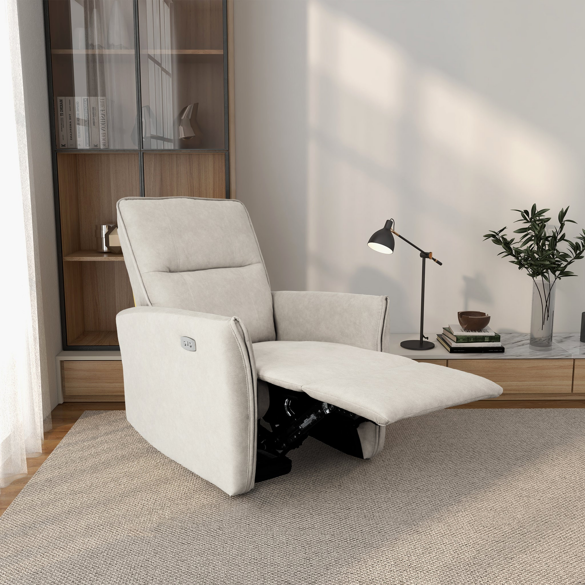 Cream fabric power recliner with extended footrest and side controls