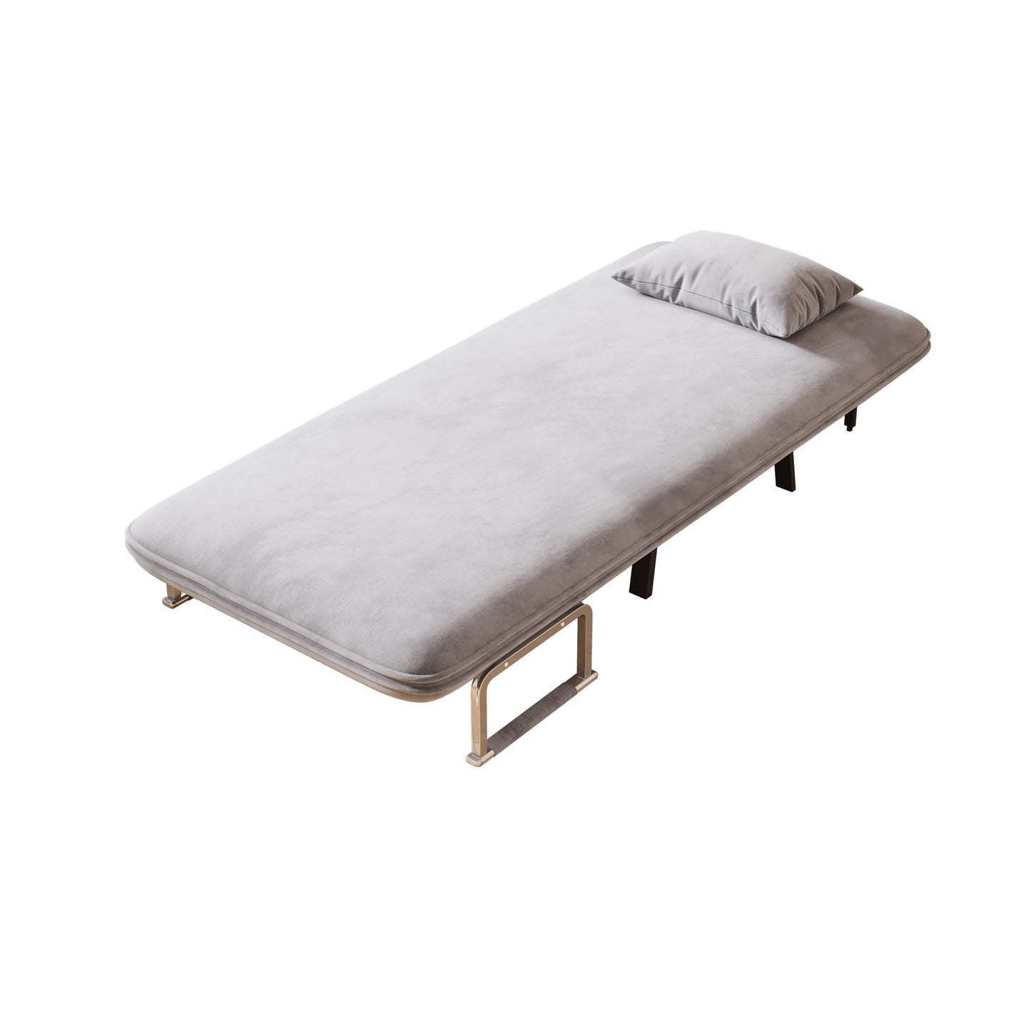 Light gray upholstered folding bed with a small pillow and brushed metal legs