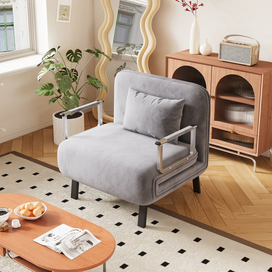 Plush grey velvet sofa chair with chrome arms and a matching cushion for cozy seating