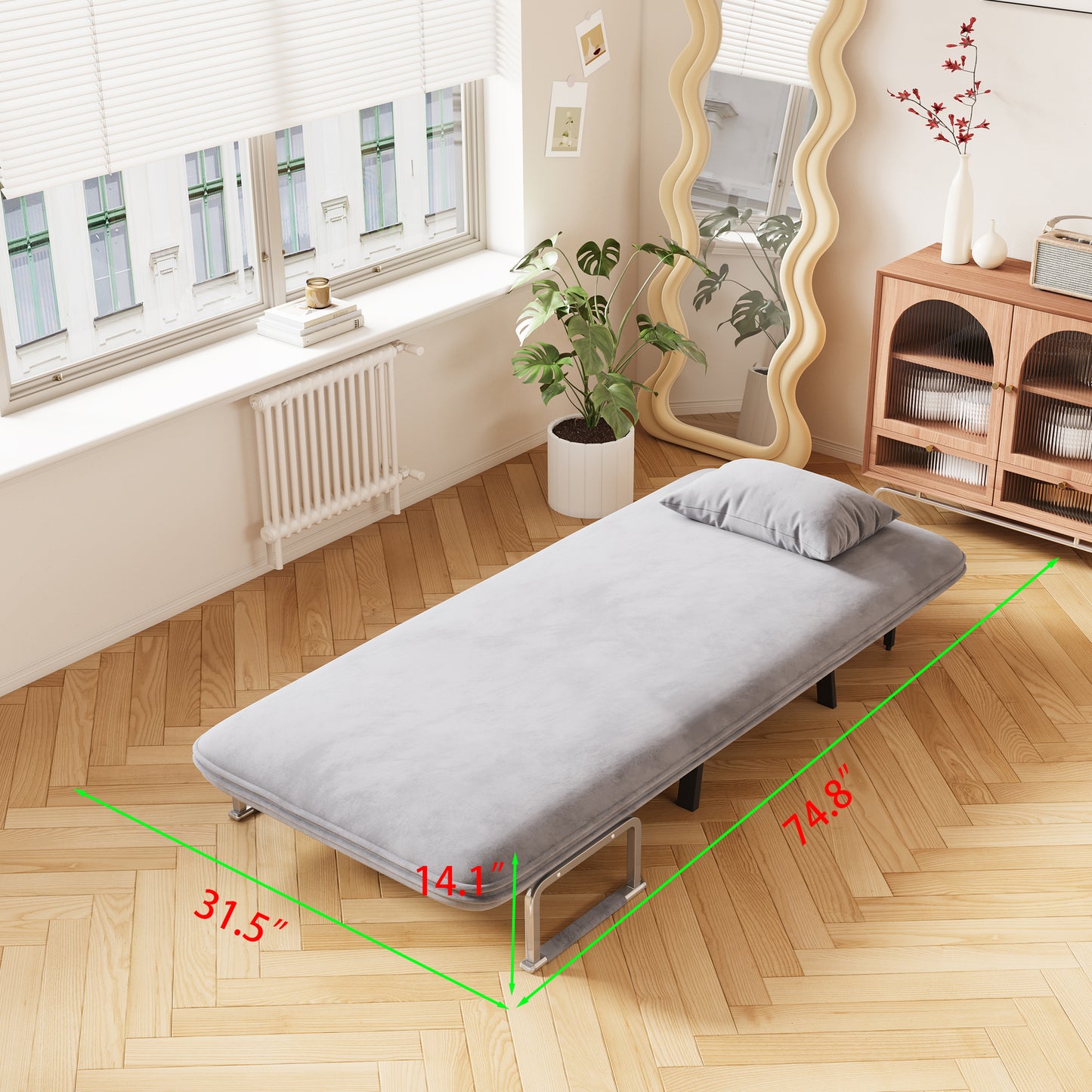 Gray velvet upholstered folding bed with pillow ideal for small spaces  L