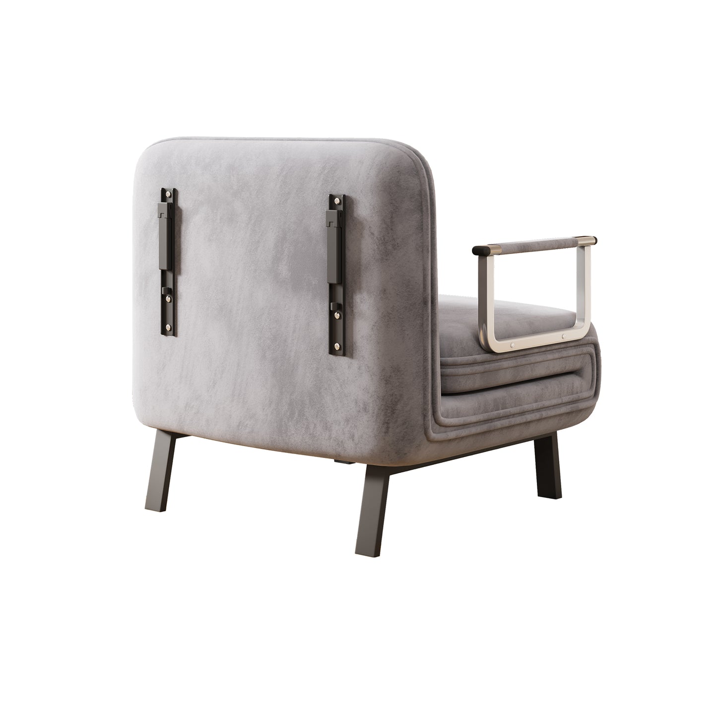 Gray velvet accent chair with modern metal armrests and dark wood legs