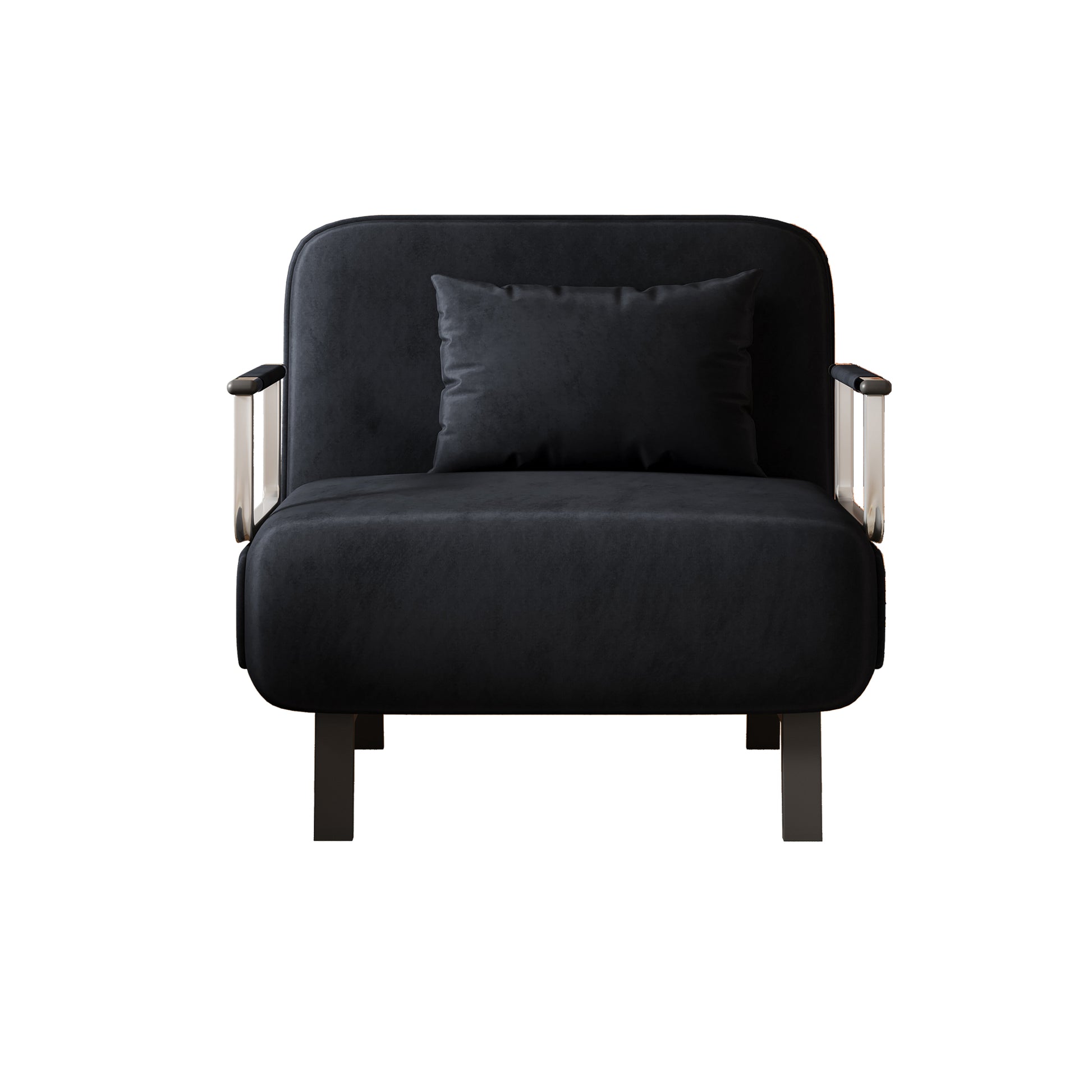 Black velvet armchair with modern chrome armrests and a matching throw pillow for stylish living rooms