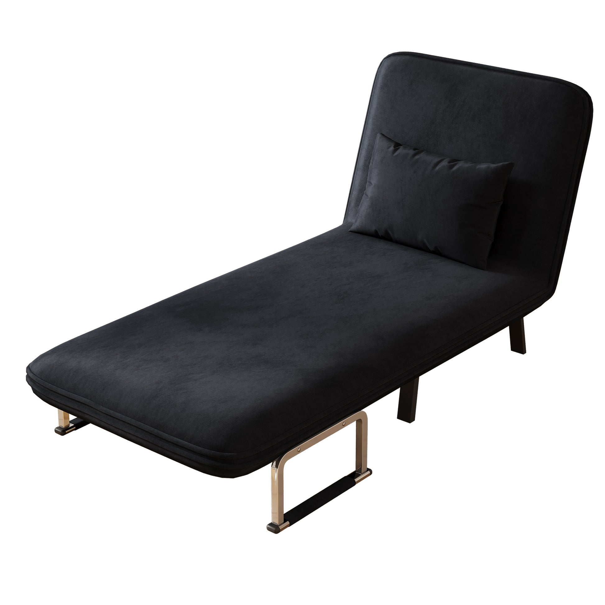 Black velvet futon couch with a contemporary design and removable pillow