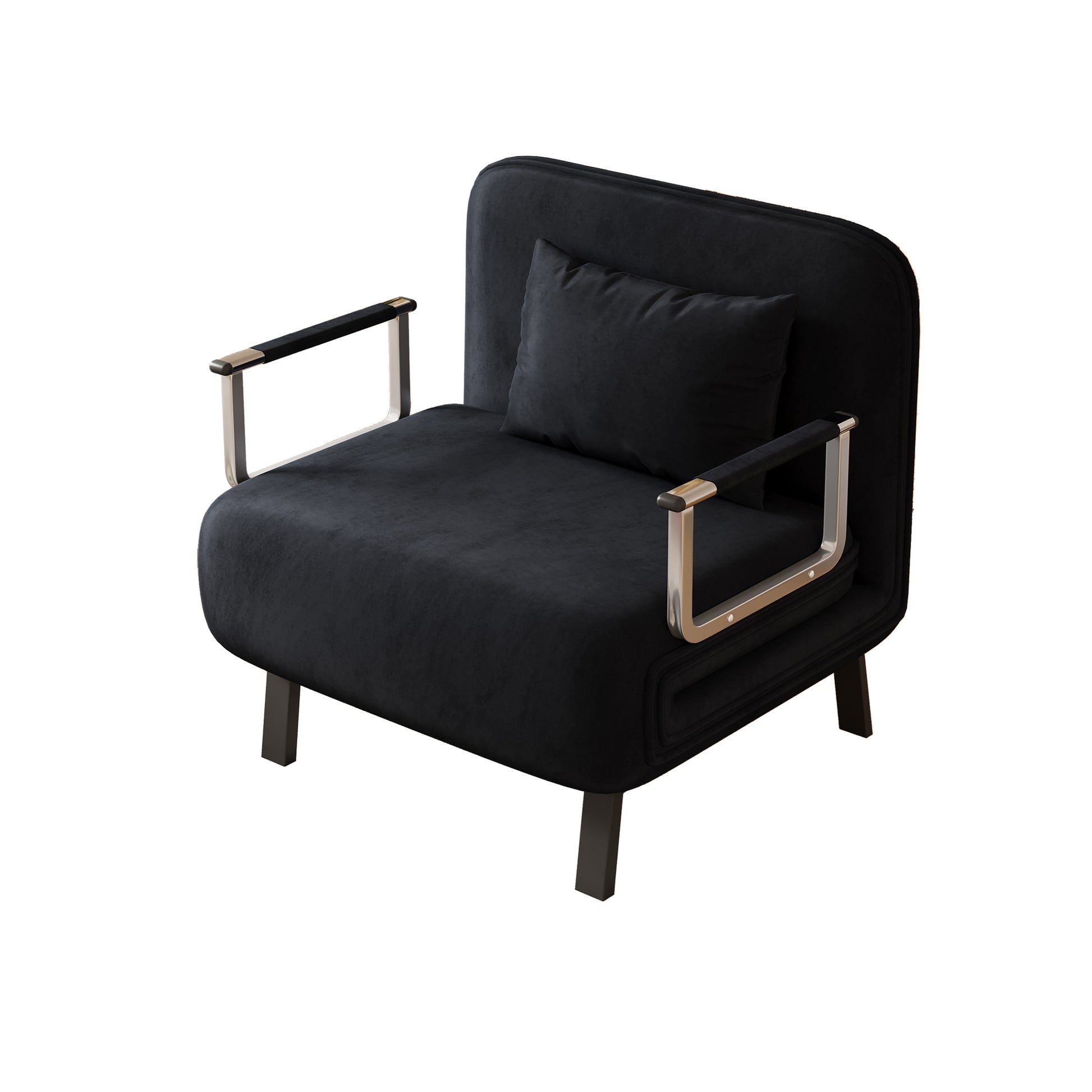 Black velvet armchair with sleek chrome arms and supportive square legs