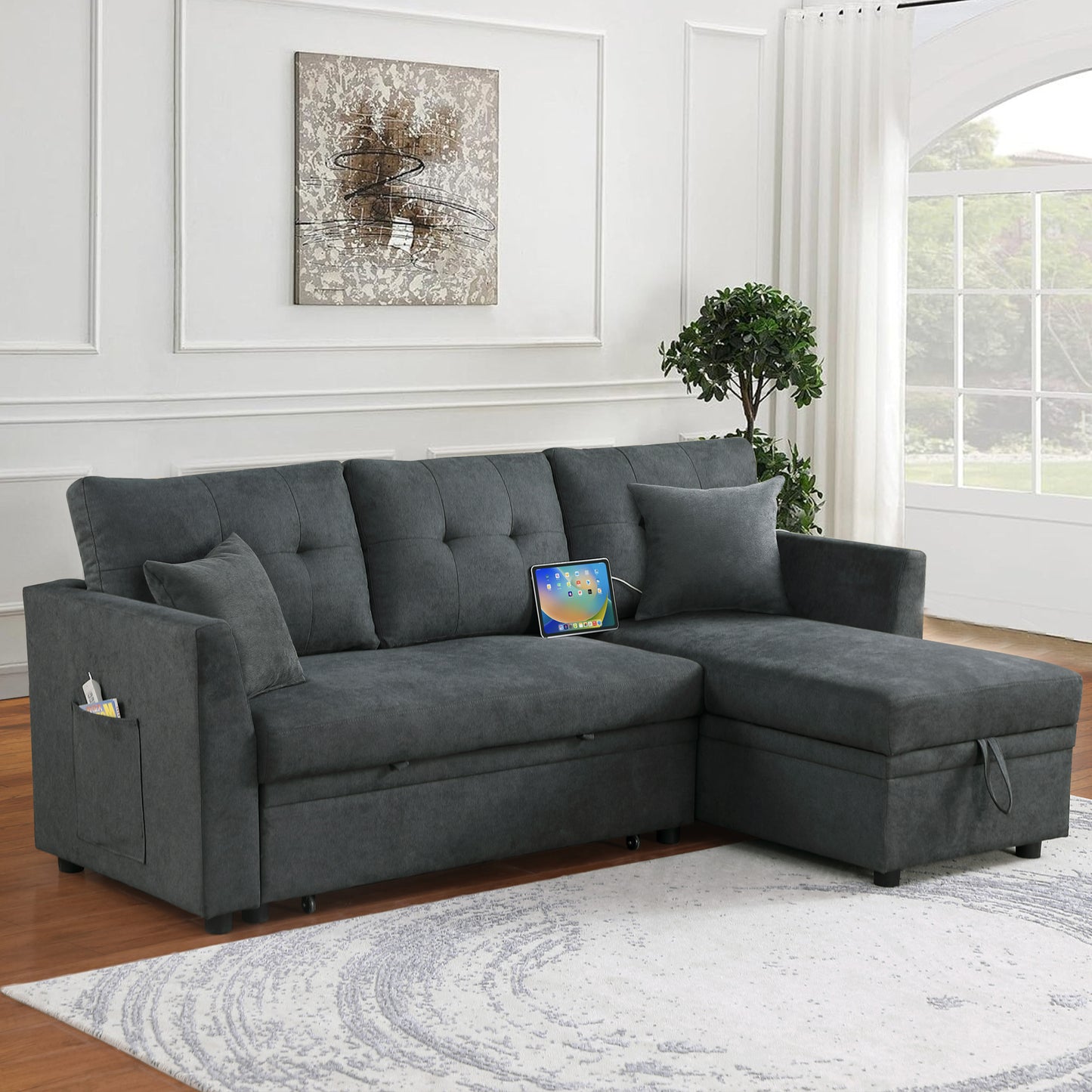 Dark gray sectional sofa with chaise and storage featuring tufted cushions and side pockets for modern living