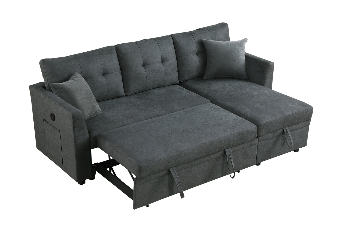Dark gray fabric sectional sofa bed with pullout mattress and storage ottoman