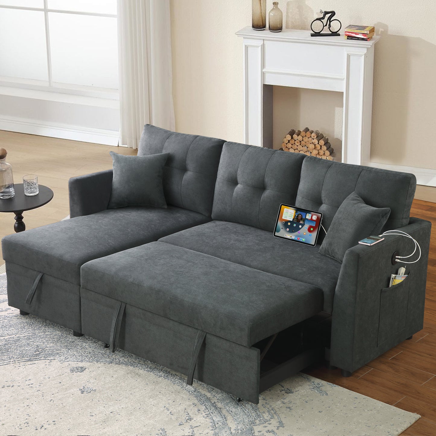 Modern dark grey fabric sectional sofa with pullout bed and storage