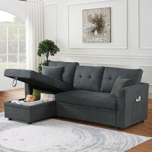 Dark gray sectional sofa with hidden storage ottoman and plush tufted cushions