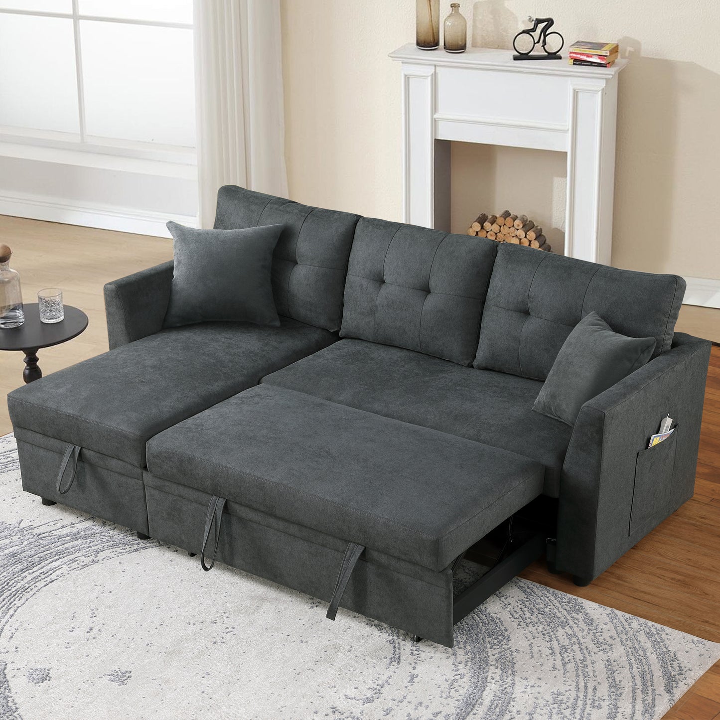 Dark gray sectional sofa with pullout bed and hidden storage perfect for small spaces