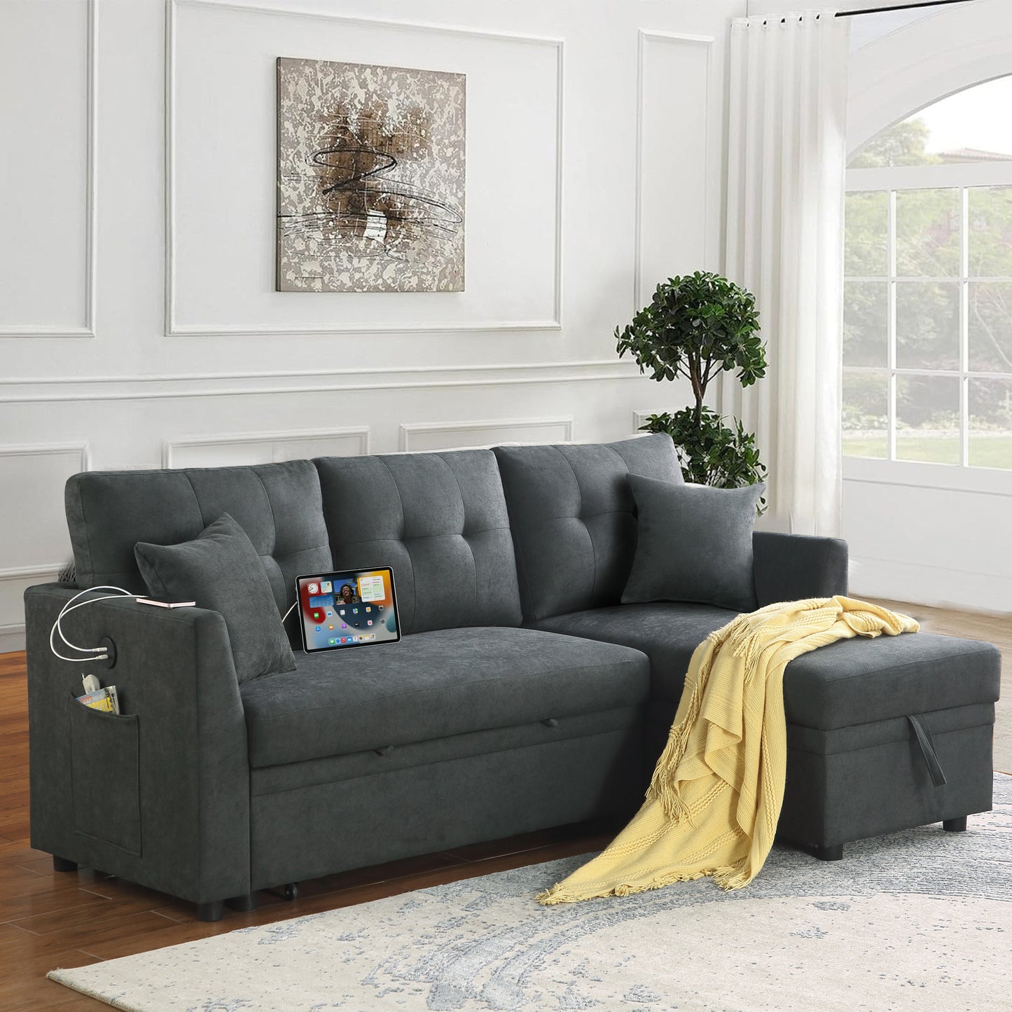 Dark gray sectional sofa with builtin USB charging ports and storage ottoman