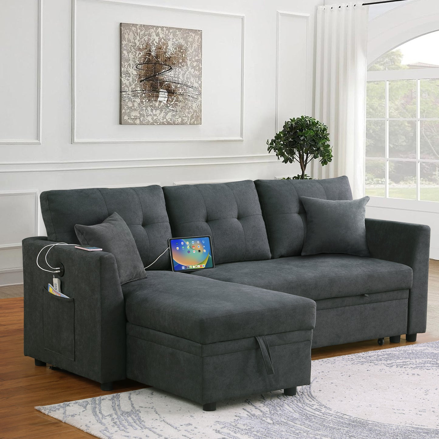 Dark grey sectional sofa with chaise lounge builtin USB ports and storage
