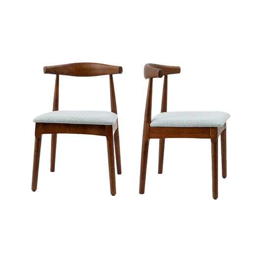 Two midcentury modern dining chairs with solid wood frames and light blue fabric seats