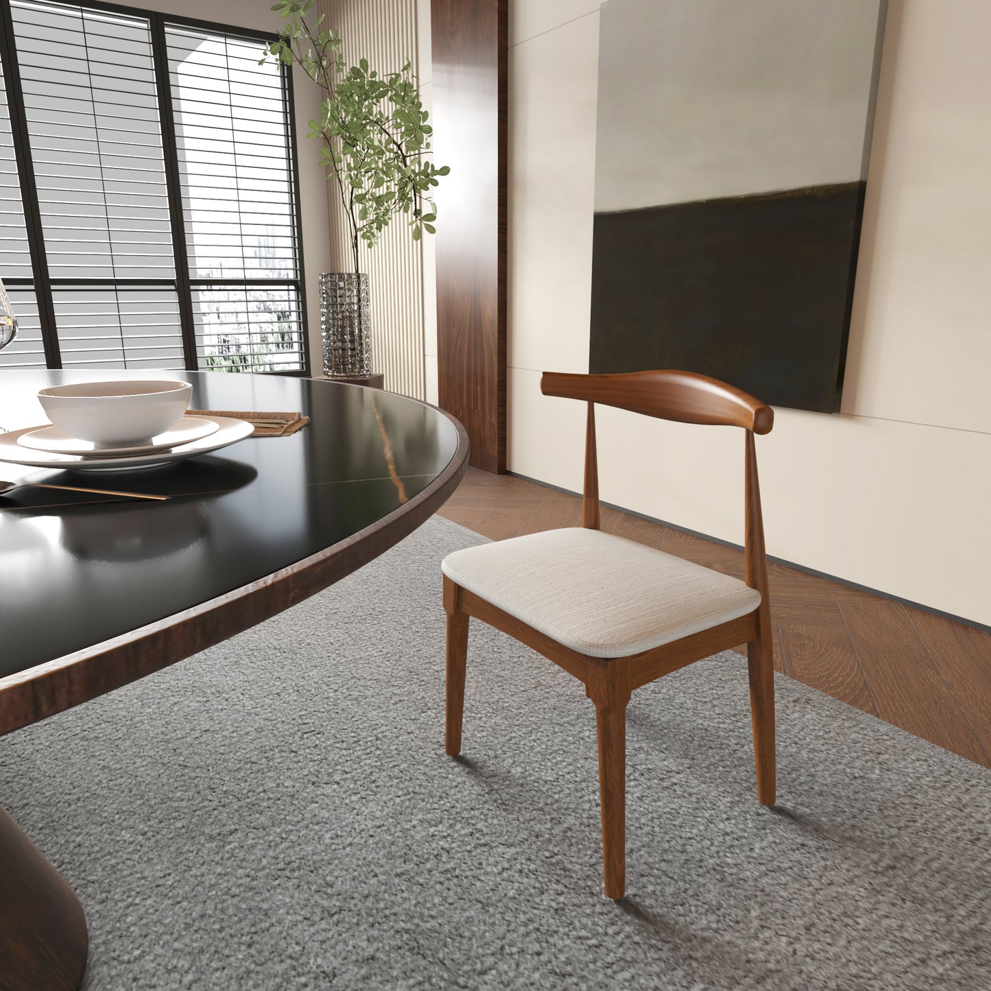 Modern wooden dining chair with a curved back and light beige upholstered seat