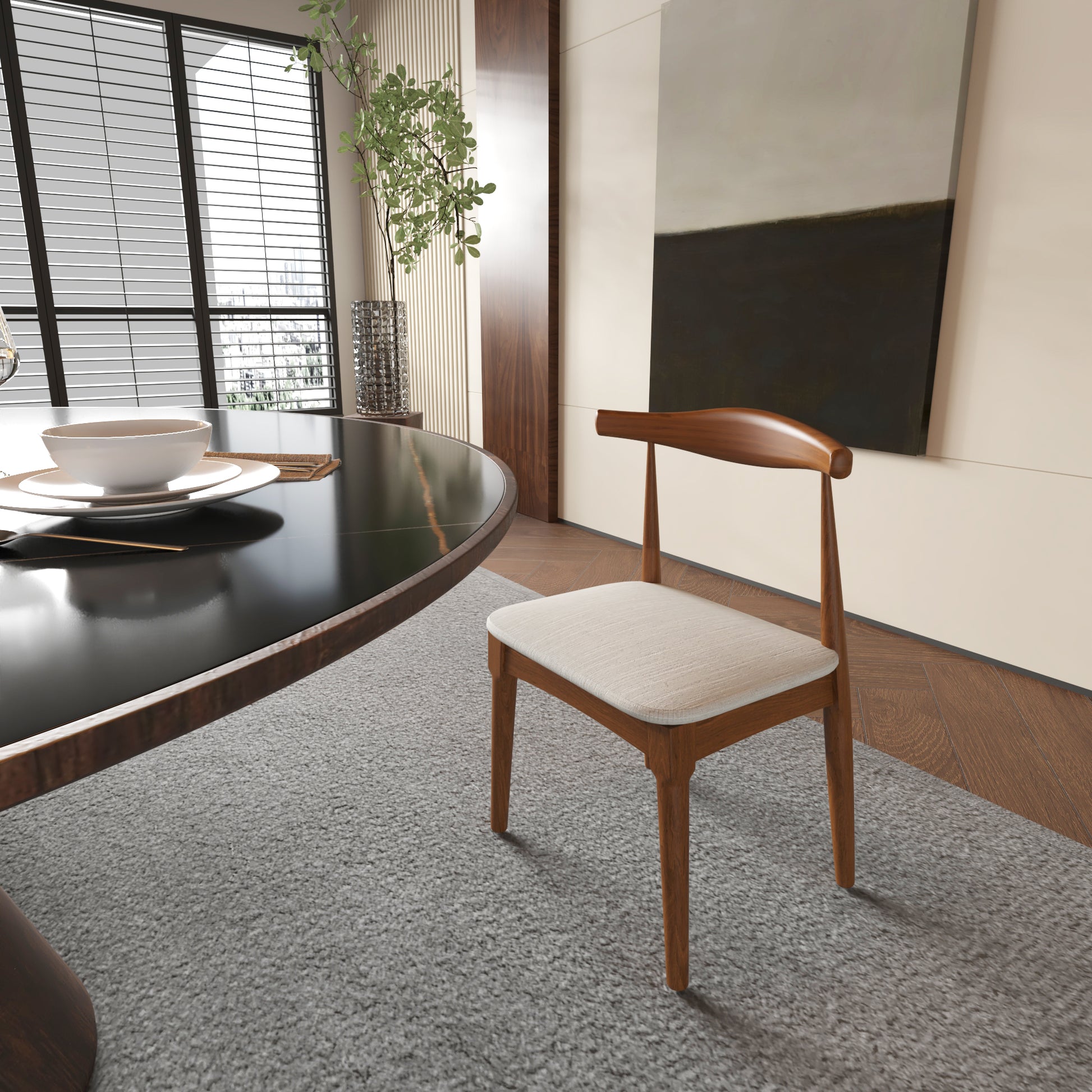Modern wooden dining chair with a curved back and light beige upholstered seat