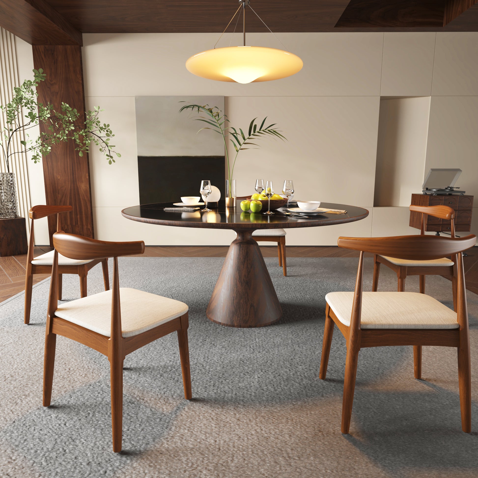 Modern wood dining chairs with neutral upholstered seats in a contemporary dining room setting
