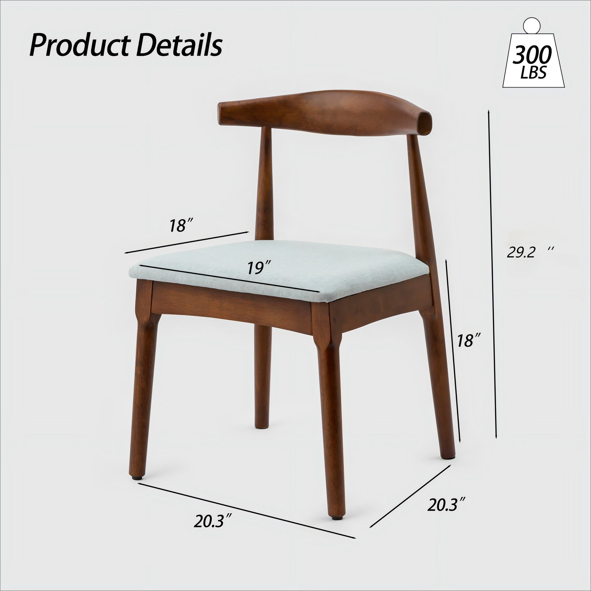 Modern wood dining chair with light blue upholstered seat and curved backrest