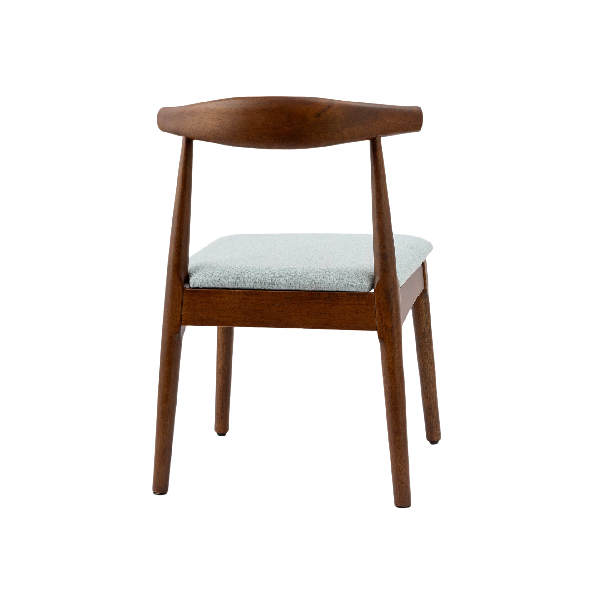 Midcentury modern dining chair in walnut with a light blue upholstered seat