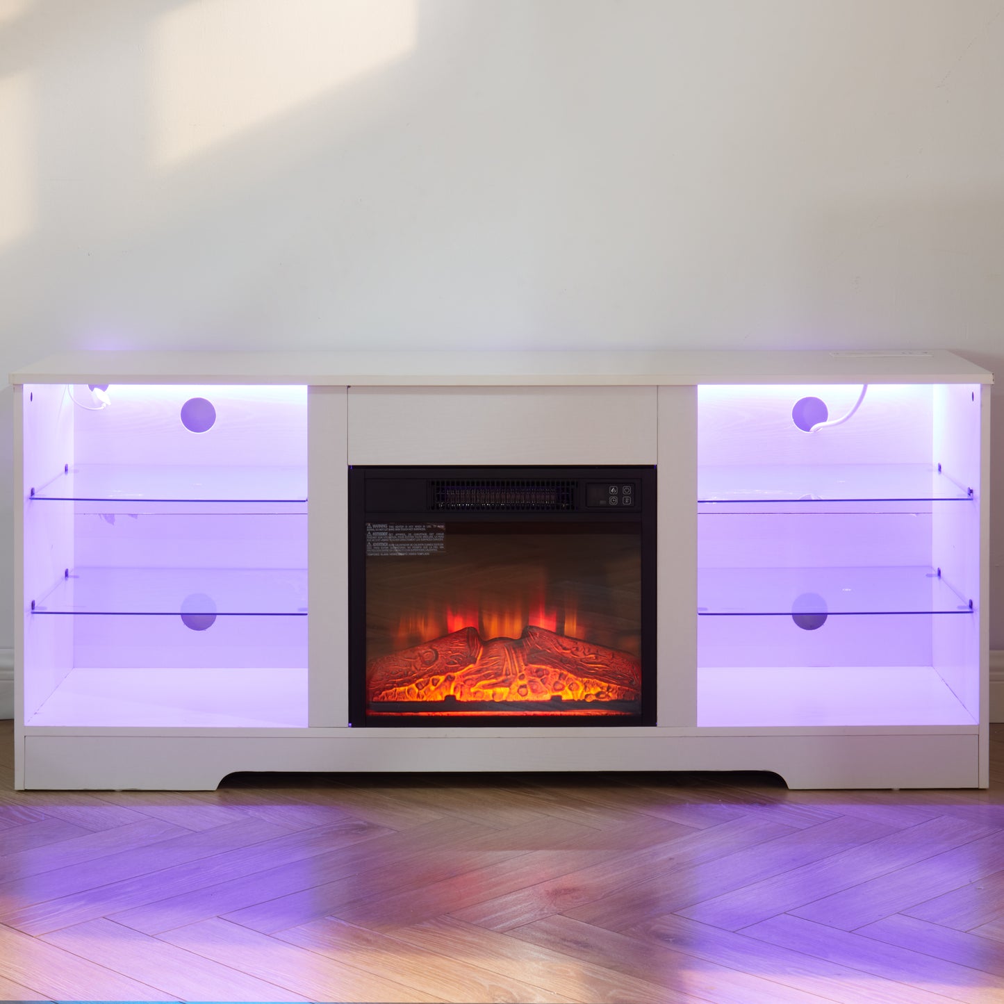 White media console with electric fireplace and purple LED lighting modern design
