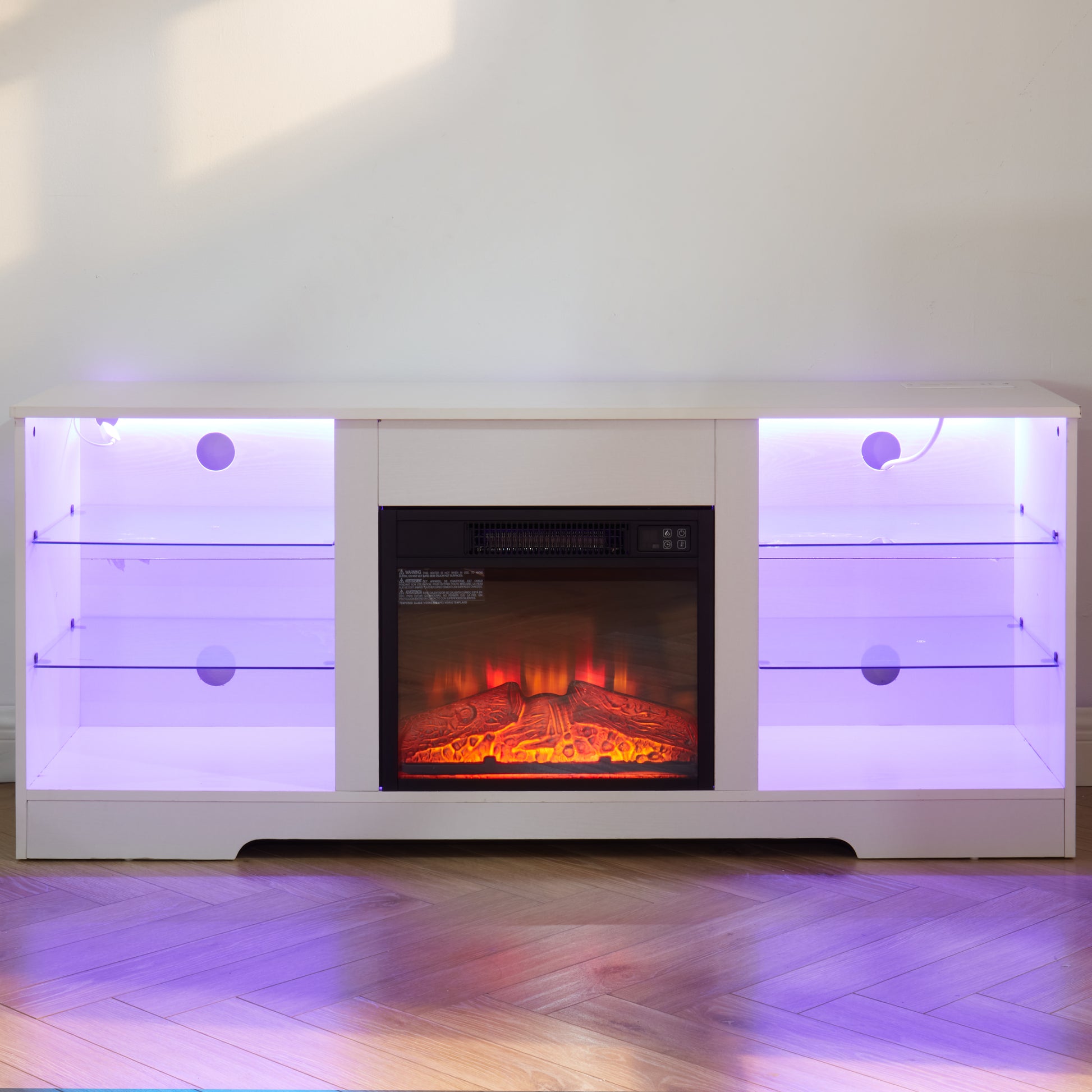 White media console with electric fireplace and purple LED lighting modern design