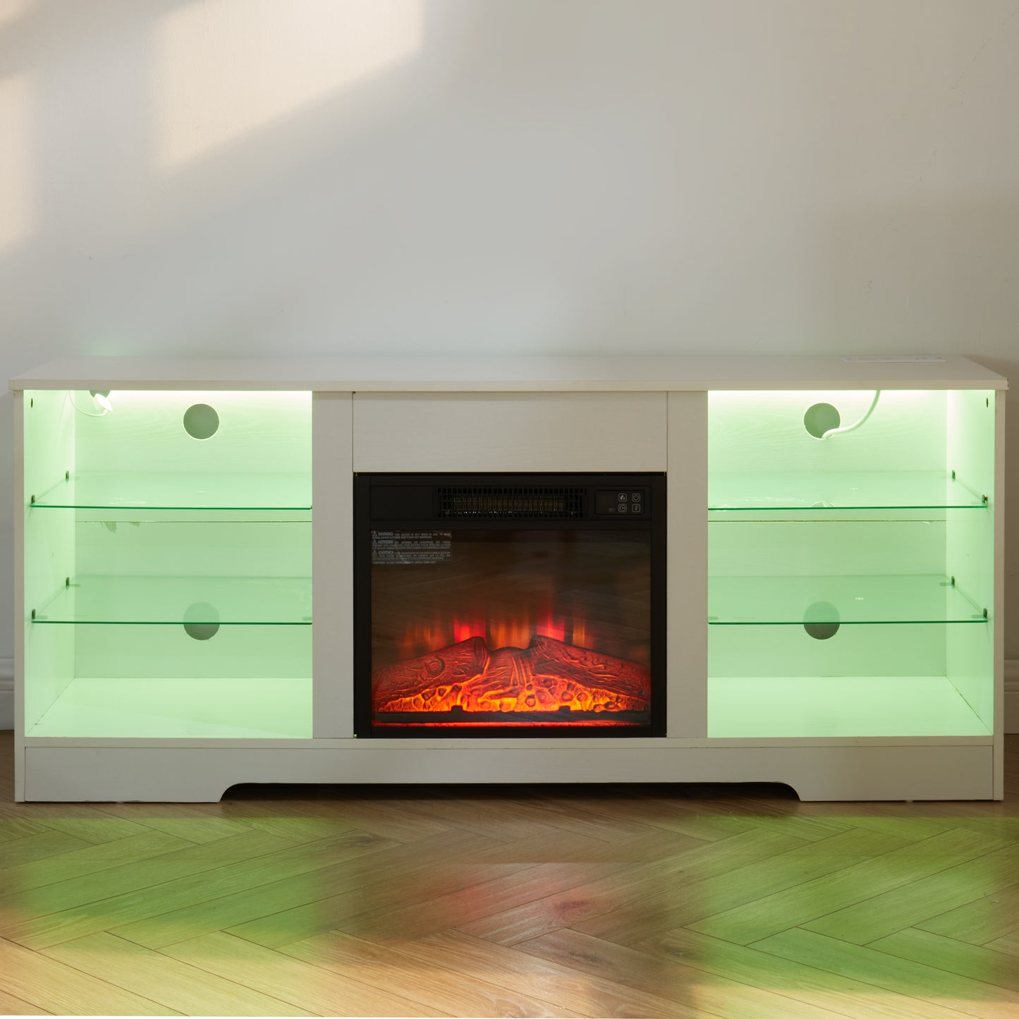 White LED media console with electric fireplace and glass shelves